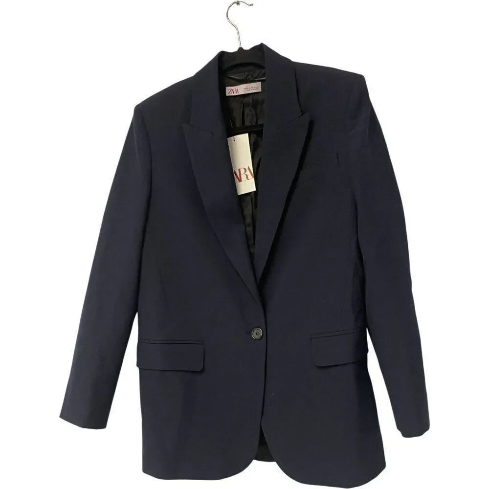 Zara Women Suit Jacket XS Navy Blue Blazer Single Breasted Business 2922/040 NWT